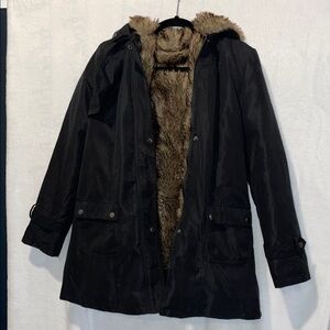 Black Hooded Coat with Faux Fur Lining